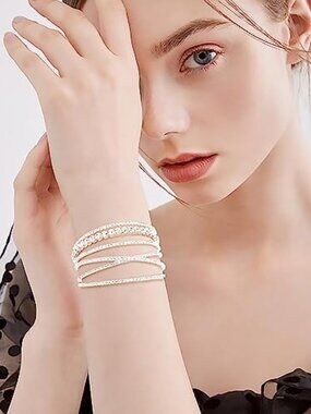 Bracelet for Women Silver Multilayer Cuff Bracelet Crystal Bridal